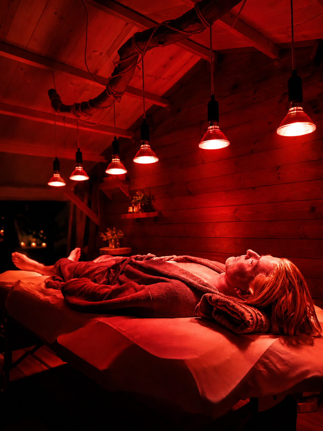 Roodlichttherapie in een warme houten behandelruimte onder rood en nabij-infrarood licht