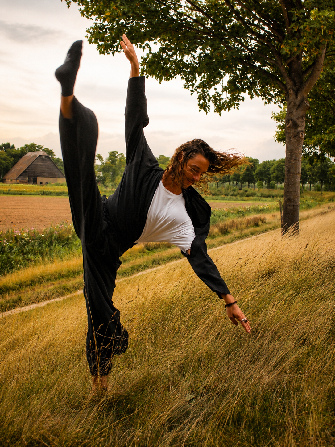 Bart Christiaens danst in een weiland, professioneel danser en later systemisch coach