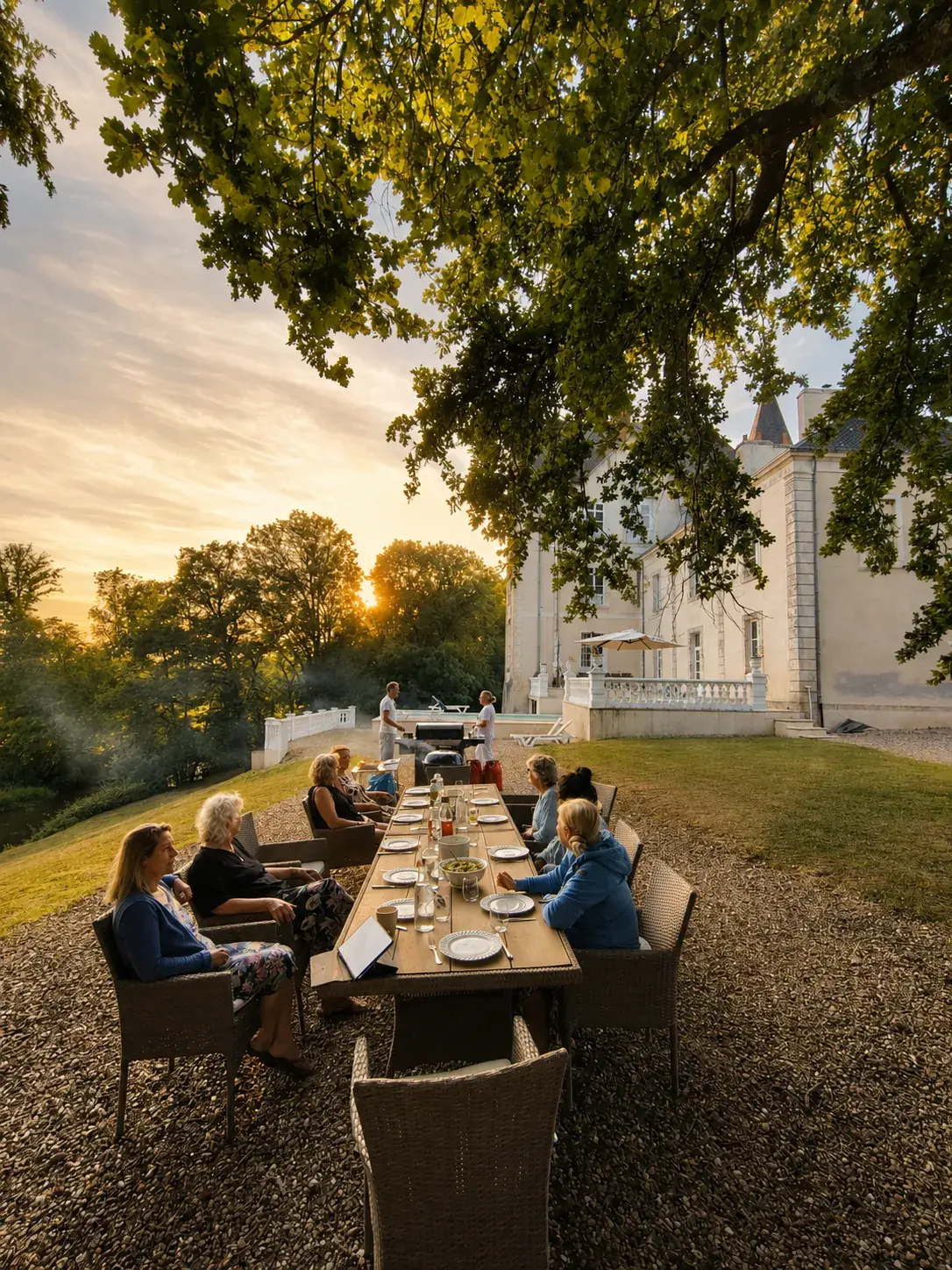 Deelnemers aan tafel bij Château de Villejovet, verbonden door gifvrije, natuurlijke leefstijl