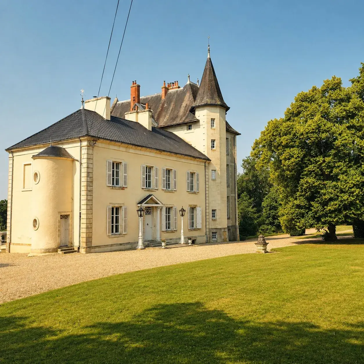 Voorzijde van het kasteel gezien vanaf het grote gazon met oude bomen