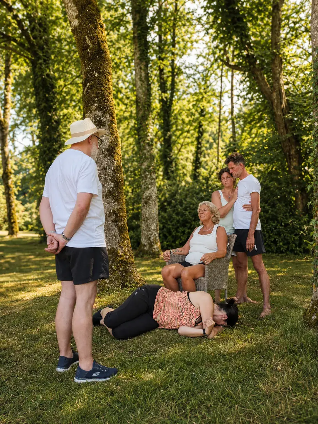 Deelnemers aan een familieopstelling in de buitenlucht op het landgoed