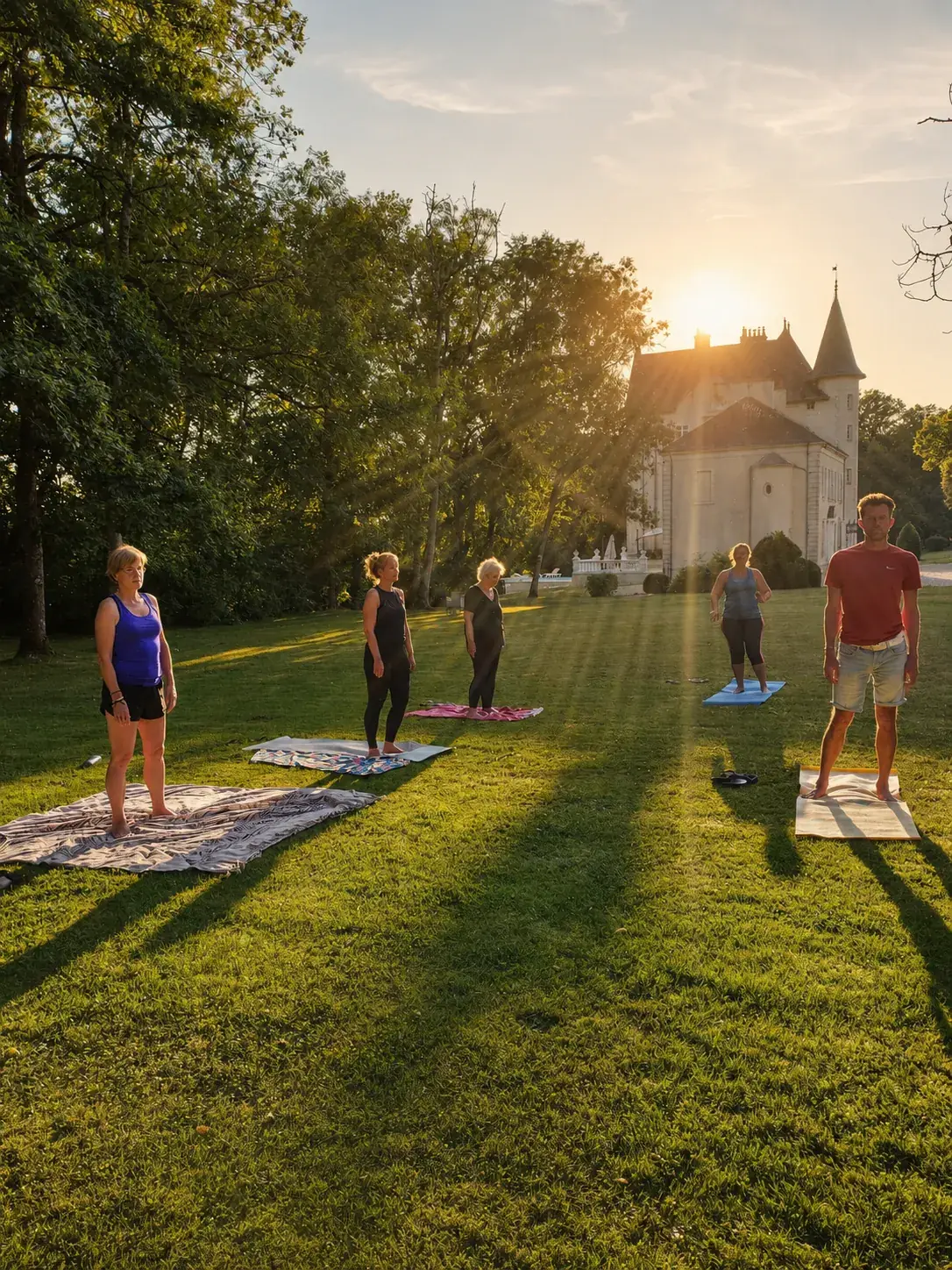 Ochtendyoga op het gazon voor Château de Villejovet